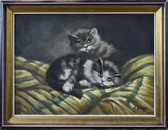 Adrian van Loon, Twee kittens, Olieverf op paneel