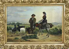 Onduidelijk gesigneerd, Boerin op ezel bij herder, Olieverf op linnen