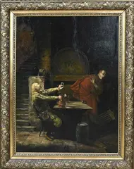 Monogram W.S., Figuren in wijnkelder, Olieverf op linnen