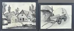 2x Klaas Bernink, Boerenkar + Boerderij, Houtskool op papier