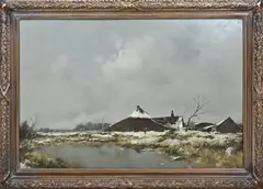 Dorus Arts, Winters landschap met boerderij, Olieverf op paneel