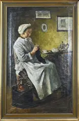 Ongesigneerd? Circa, Handwerkende vrouw, Olieverf op linnen