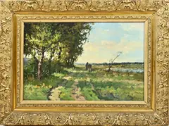 J.C. van der Heijden, Boer met koe op zandpad, Olieverf op linnen