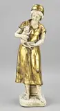 H 44 cm. by Verguld houten figuur van vrouw met kat, sold Oct 2025