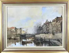 Herman C.A. Paradies, Zonnig grachten gezicht in Rotterdam, Gouache op papier