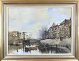 Herman C.A. Paradies, Zonnig grachten gezicht in Rotterdam, Gouache op papier
