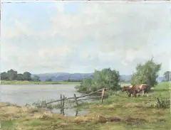 Jan Holtrop, Koeien langs de IJssel, Olieverf op linnen