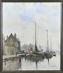 Herman C.A. Pardies, Haven met platbodems, Aquarel op papier