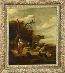 Monogram N.B., Herder/herderin bij vee, Olieverf op paneel