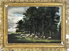 Charles Jacque, Bosgezicht met schapen en herder, Olieverf op linnen