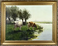 Fedor van Kregten, Koeien langs beek, Olieverf op linnen