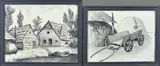 2x Klaas Bernink, Boerenkar + Boerderij, Houtskool op papier