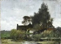 Johannes Weiland, Boerderij met boerin, Olieverf op linnen