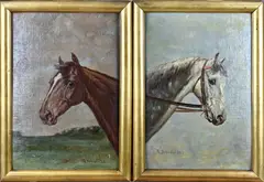 Pendant Th. Schröder, Paarden portretten, Olieverf op linnen