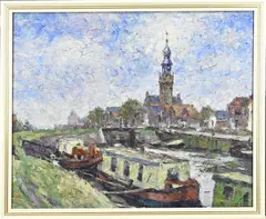 Cor Veenstra, Havengezicht met woonarken, Olieverf op paneel