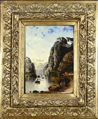 A. Furstman?, Berglandschap met stoomboot, Olieverf op paneel