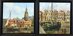 2x Dick de Vries, Hollandse havengezichten, Olieverf op linnen