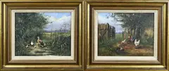 2x Henk Roosink, 2x Landschap met pluimvee, Olieverf op paneel