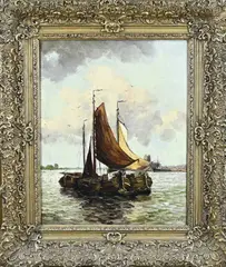 J. Warmenhoven, Platbodems op zee, Olieverf op linnen