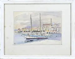 Pol Dom, Mediterrane havengezicht, Aquarel op papier