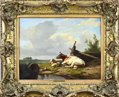 E. Verboeckhoven 1798-1881, Vee bij drenkplaats, Olieverf op paneel