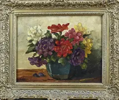 Onduidelijk gesigneerd, Gemberpot met bloemen, Olieverf op linnen