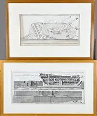 2x Bernard Direxit, Scheepsvoorstelling/Droogdok met schip, Twee 18e eeuwse Franse gravures