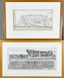 2x Bernard Direxit, Scheepsvoorstelling/Droogdok met schip, Twee 18e eeuwse Franse gravures