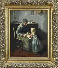 P. Colman, Boeren interieur met moeder en kind, Olieverf op linnen