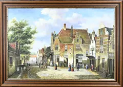 J. Morris, Hollands dorpsgezicht met figuren, Olieverf op linnen