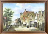 J. Morris, Hollands dorpsgezicht met figuren, Olieverf op linnen