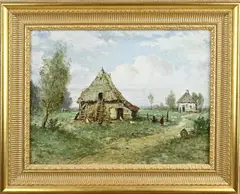J.H. Coster, Boerderij met figuren en kippen, Olieverf op linnen