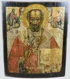 Nicolaas de wonderdoener by Zeldzaam groot antiek Russisch ikoon, sold Jan 2025
