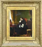 Wilhelm Johannes Martens, Nadenkende vrouw met handwerk, Olieverf op paneel