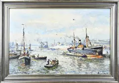 Evert Moll, Haven Rotterdam met veel schepen, Olieverf op paneel