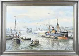Evert Moll, Haven Rotterdam met veel schepen, Olieverf op paneel