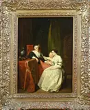 Ruw Falet? 19e Eeuw, Interieur met drie dames, Olieverf op paneel
