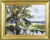 Ina Scholten-van Heek, Landschap met waterkant, Olieverf op schilderskarton