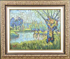 Antoine Giroux, Riviergezicht met knotwilg, Olieverf op paneel