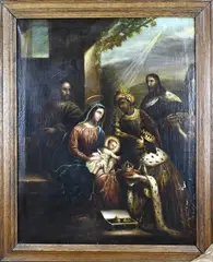 Religieus schilderij, Geboorte kindje Jezus met koningen, Olieverf op linnen