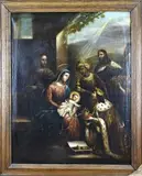Religieus schilderij, Geboorte kindje Jezus met koningen, Olieverf op linnen