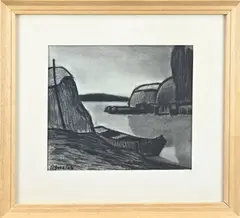 Klaas Bernink, Hooibergen bij Giethoorn, Zwart krijt op papier