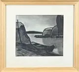 Klaas Bernink, Hooibergen bij Giethoorn, Zwart krijt op papier