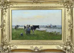 Bernard Anthonie van Beek, Landschap met koeien en melkende boer, Olieverf op paneel