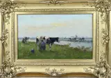 Bernard Anthonie van Beek, Landschap met koeien en melkende boer, Olieverf op paneel