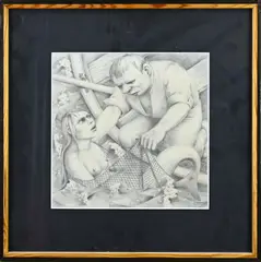 Theo Ortmann, Fischer und Seejung Frau, Tekening op papier