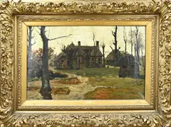 Derk Wiggers, Landschap met boerderij, Met kapitale lijst!! Olieverf op linnen