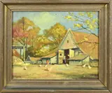 Gerard Krol, Twentse boerderij met boerin en kippen, Olieverf op linnen