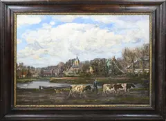 Dorpsgezicht by A.J. van Haanen, Olieverf op linnen, sold Jan 2025
