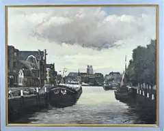 W. Romijn, Havengezicht Dordrecht, Olieverf op linnen